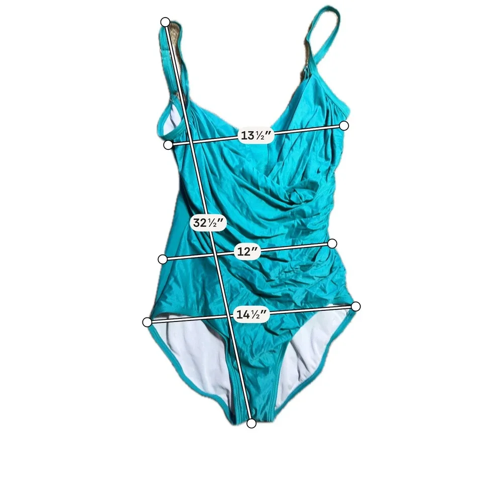 Jantzen Classic Womens Teal Blue Surplice V-Neck Ruched One Piece Swimsuit 14